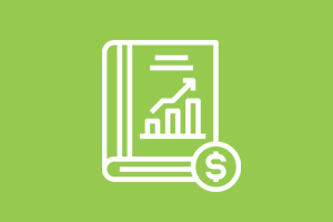White icon on a green background of a work book with a graph with an upscale trend depicted on the front cover and a dollar sign in the bottom right hand corner