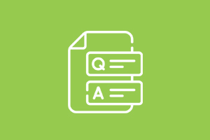white icon on a green background of a sheet of paper with a question and answer category depicted
