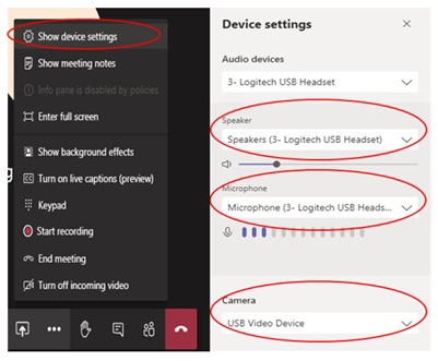 Select 'Show device settings' to check your speaker, microphone and camera settings