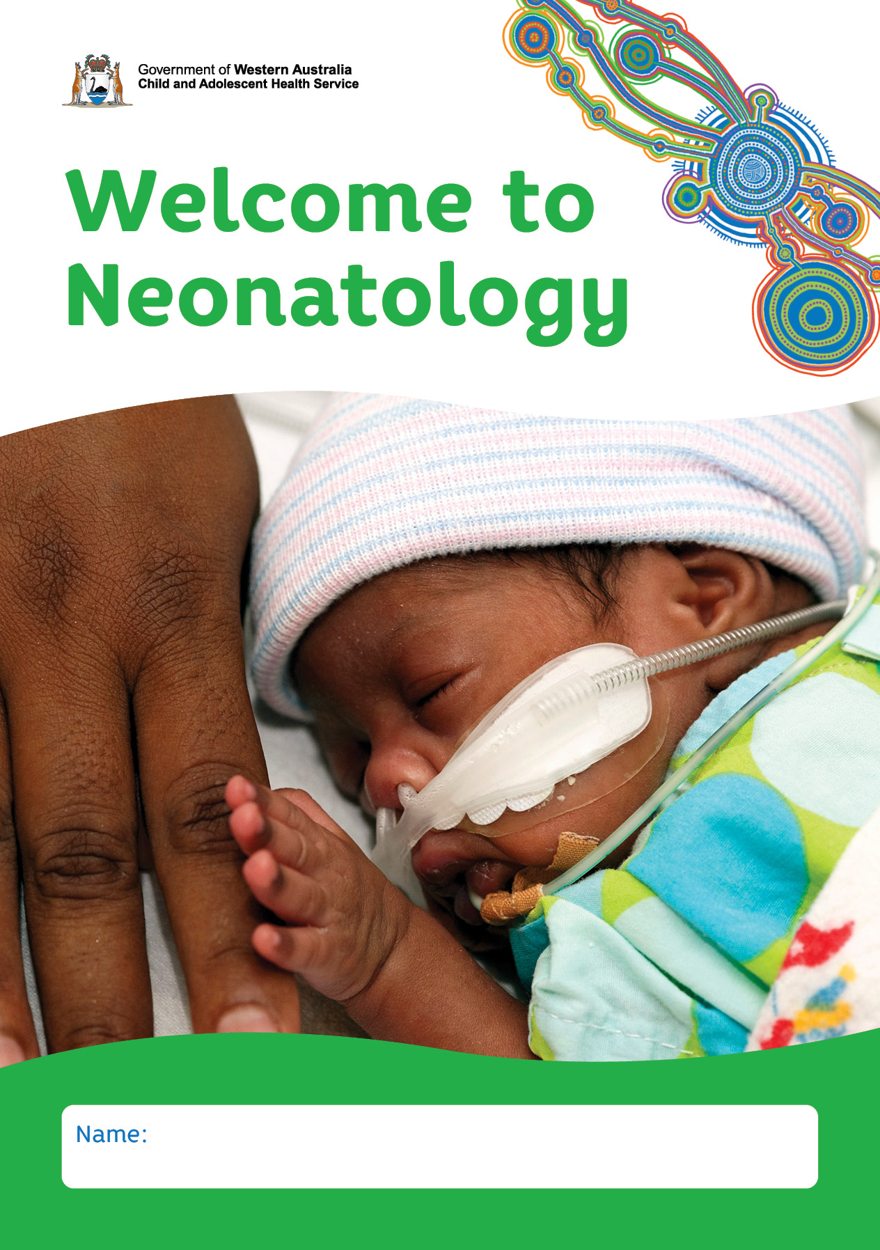 The cover image of the CAHS Welcome to Neonatology booklet, showing a very small premature baby holding an adult hand
