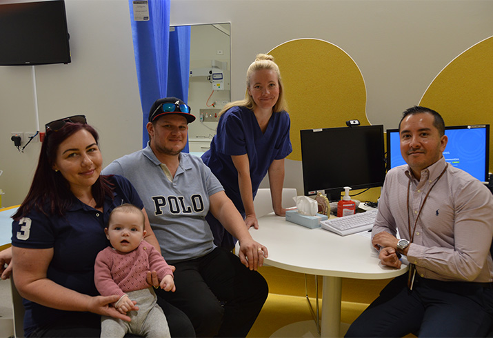 Lacy and Reece Swan with their baby Charlotte pictured with PCH clinicians Dr Allison Reid and Dr Jafri Kuthubutheen. 